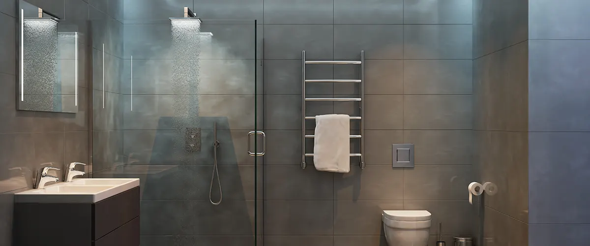 Dark gray shower walls in a renovated bathroom in Vancouver, Canada