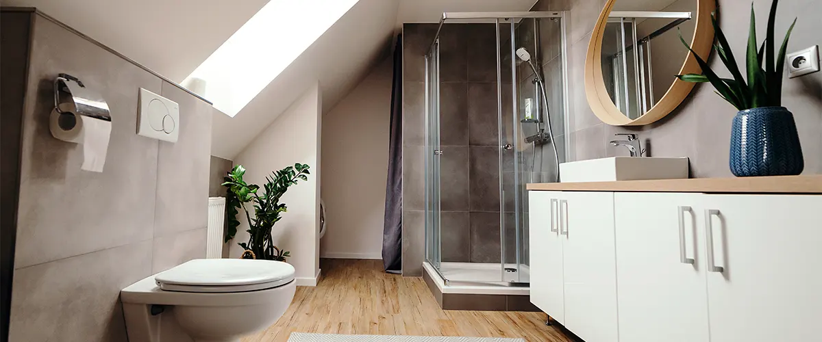 A modern bathroom with shower, plants, and wood floor