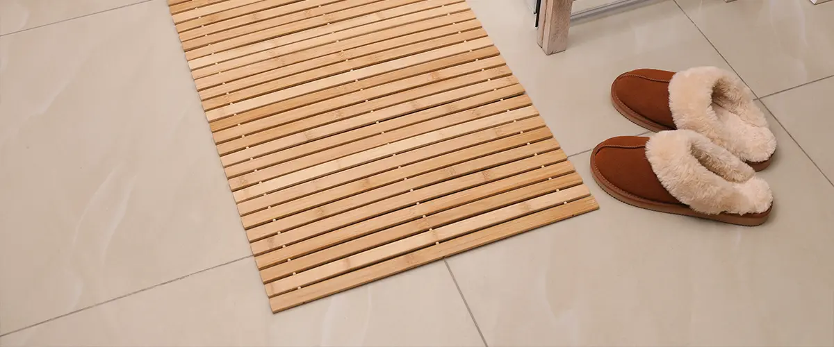 Floor in bathroom ceramic with bamboo mat and flip flops