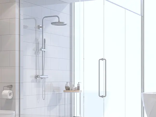 A walk-in shower made of glass