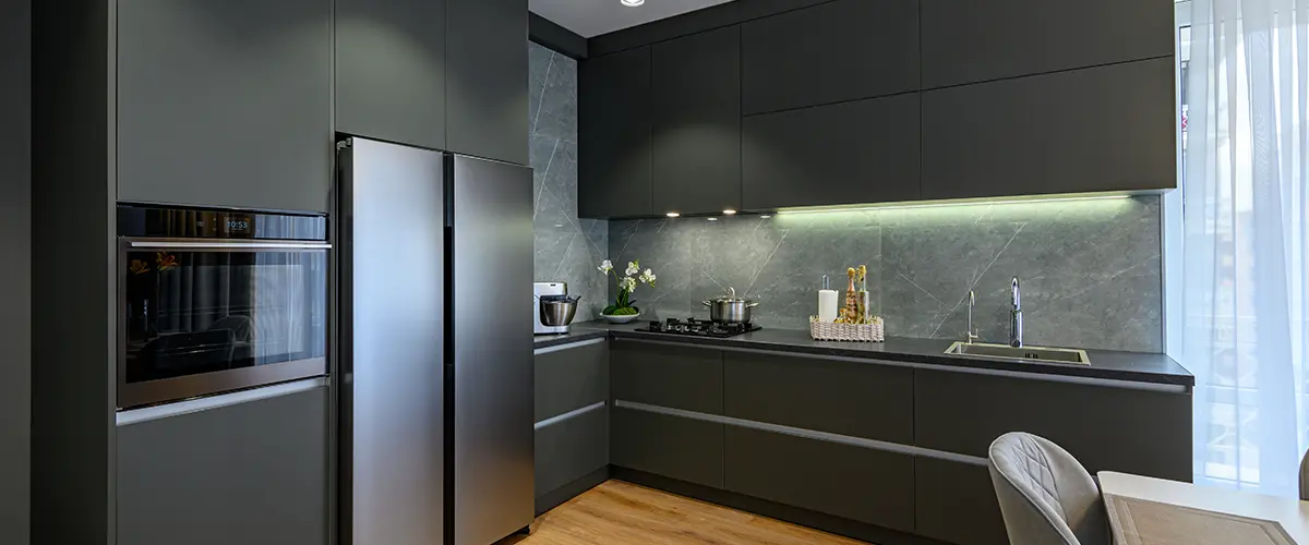 Modern kitchen with black cabinets and modern appliances