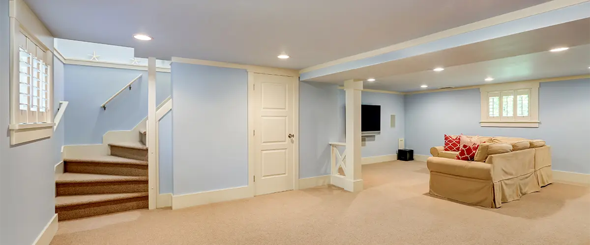 An empty basement renovation with carpet flooring and a couch