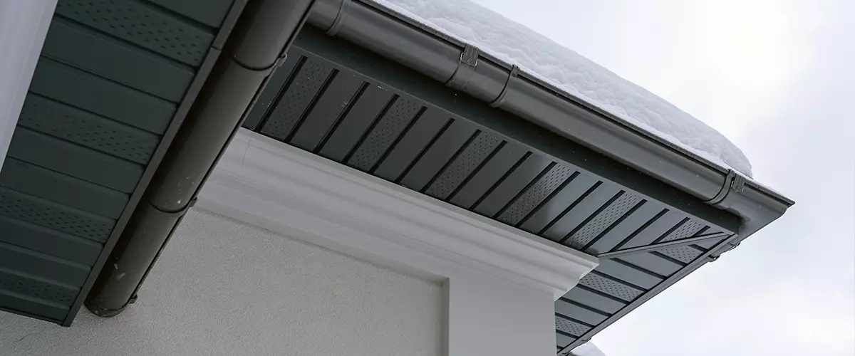 Corner of the house with new gray metal tile roof and rain gutter covered by snow at winter. Metallic Guttering System, Guttering and Drainage Pipe Exterior