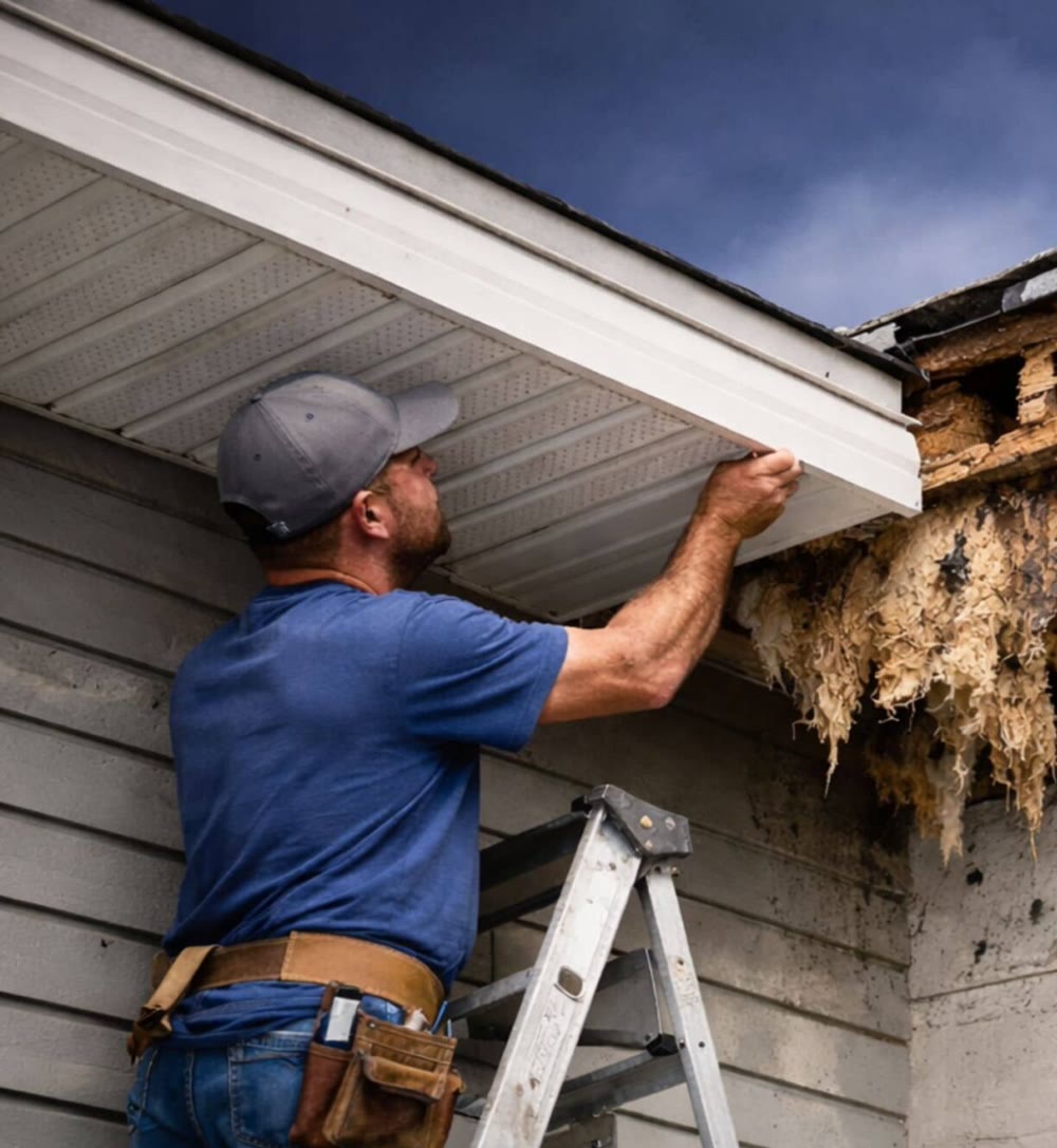 Rotted fascia and soffit exposed at the roof edge before replacement by City & Country Contracting